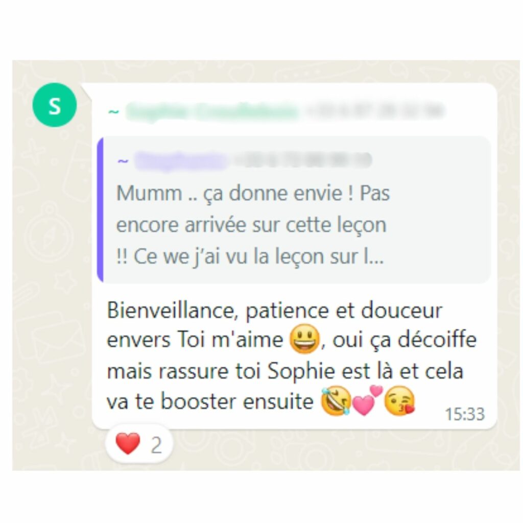 Image d'un message Whatsapp d'une participante du programme Femme Equilibrée