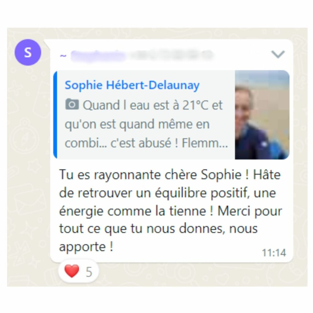 Image d'un message Whatsapp d'une participante du programme Femme Equilibrée