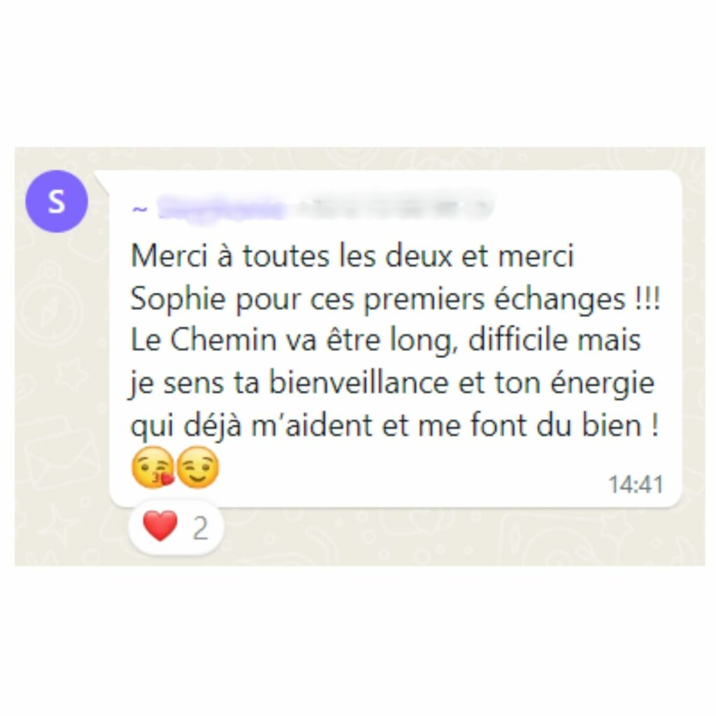 Image d'un message Whatsapp d'une participante du programme Femme Equilibrée