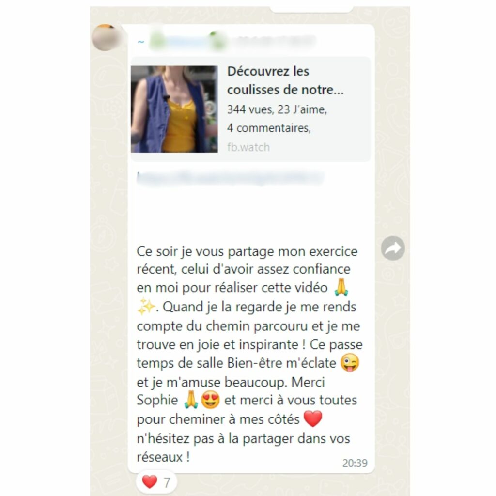 Image d'un message Whatsapp d'une participante du programme Femme Equilibrée