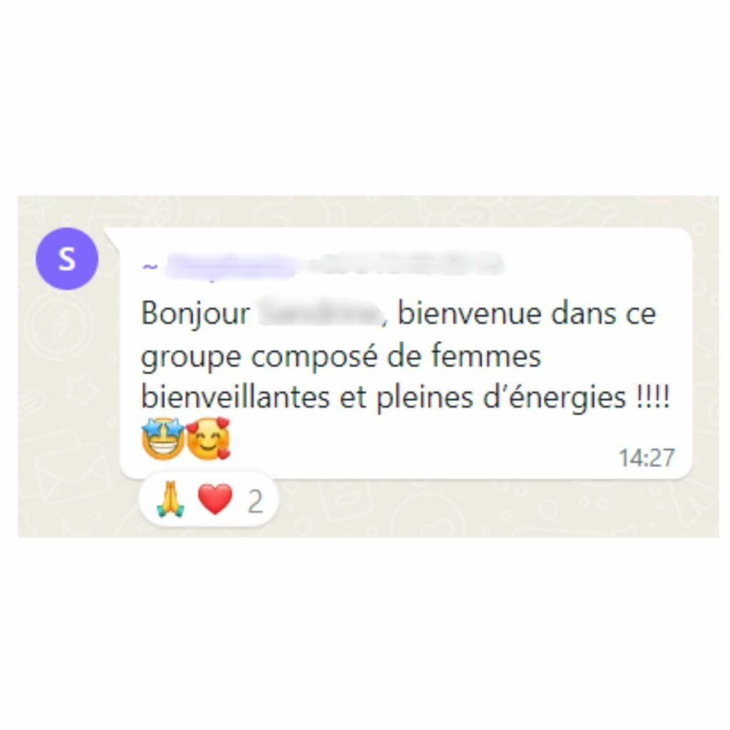 Image d'un message Whatsapp d'une participante du programme Femme Equilibrée