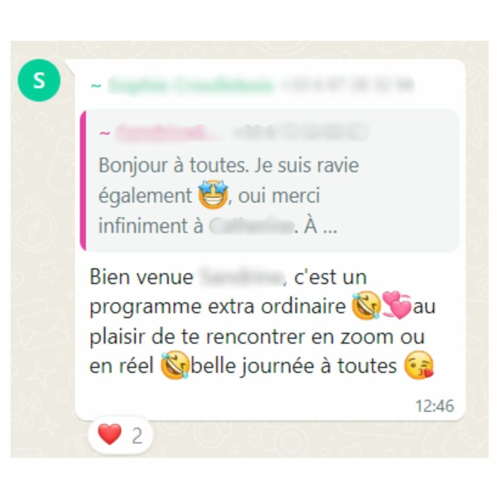 Image d'un message Whatsapp d'une participante du programme Femme Equilibrée