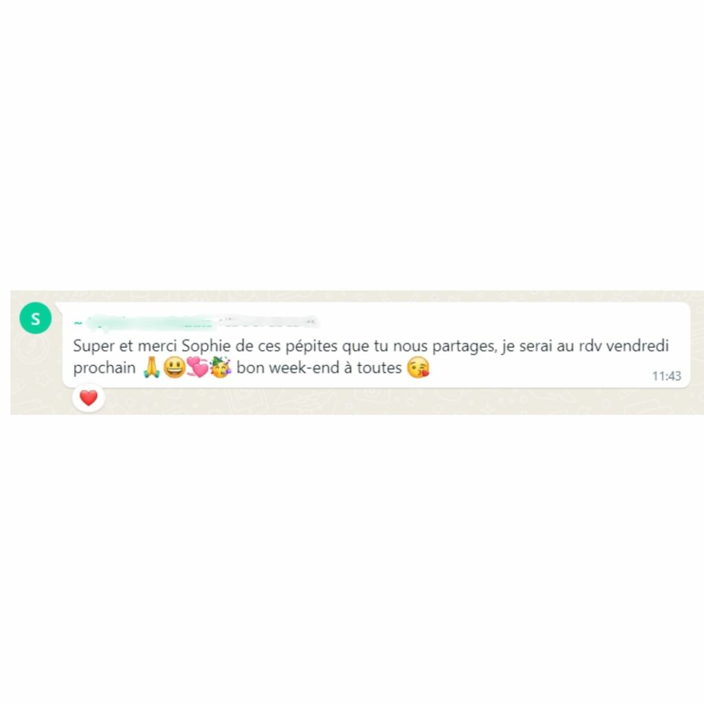 Image d'un message Whatsapp d'une participante du programme Femme Equilibrée