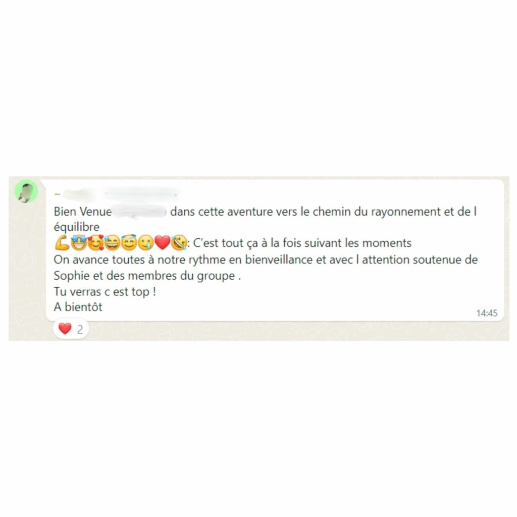 Image d'un message Whatsapp d'une participante du programme Femme Equilibrée